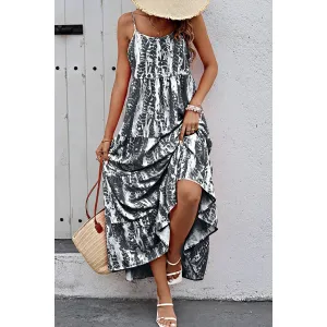 Black Allover Print Sleeveless Pockets Color Block Dress