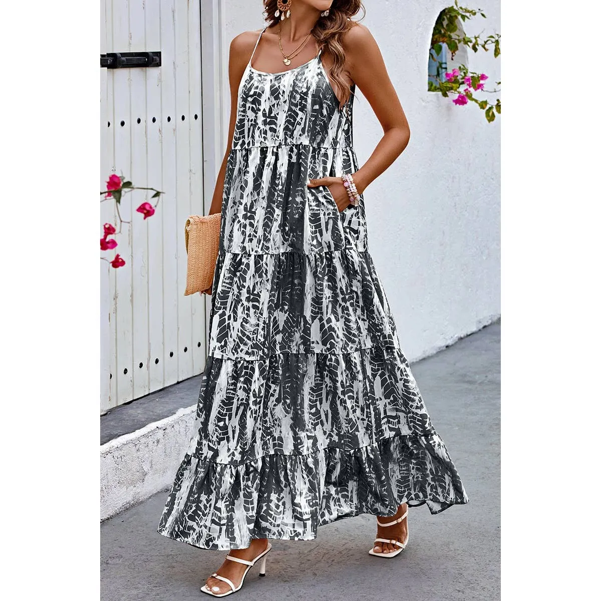 Black Allover Print Sleeveless Pockets Color Block Dress