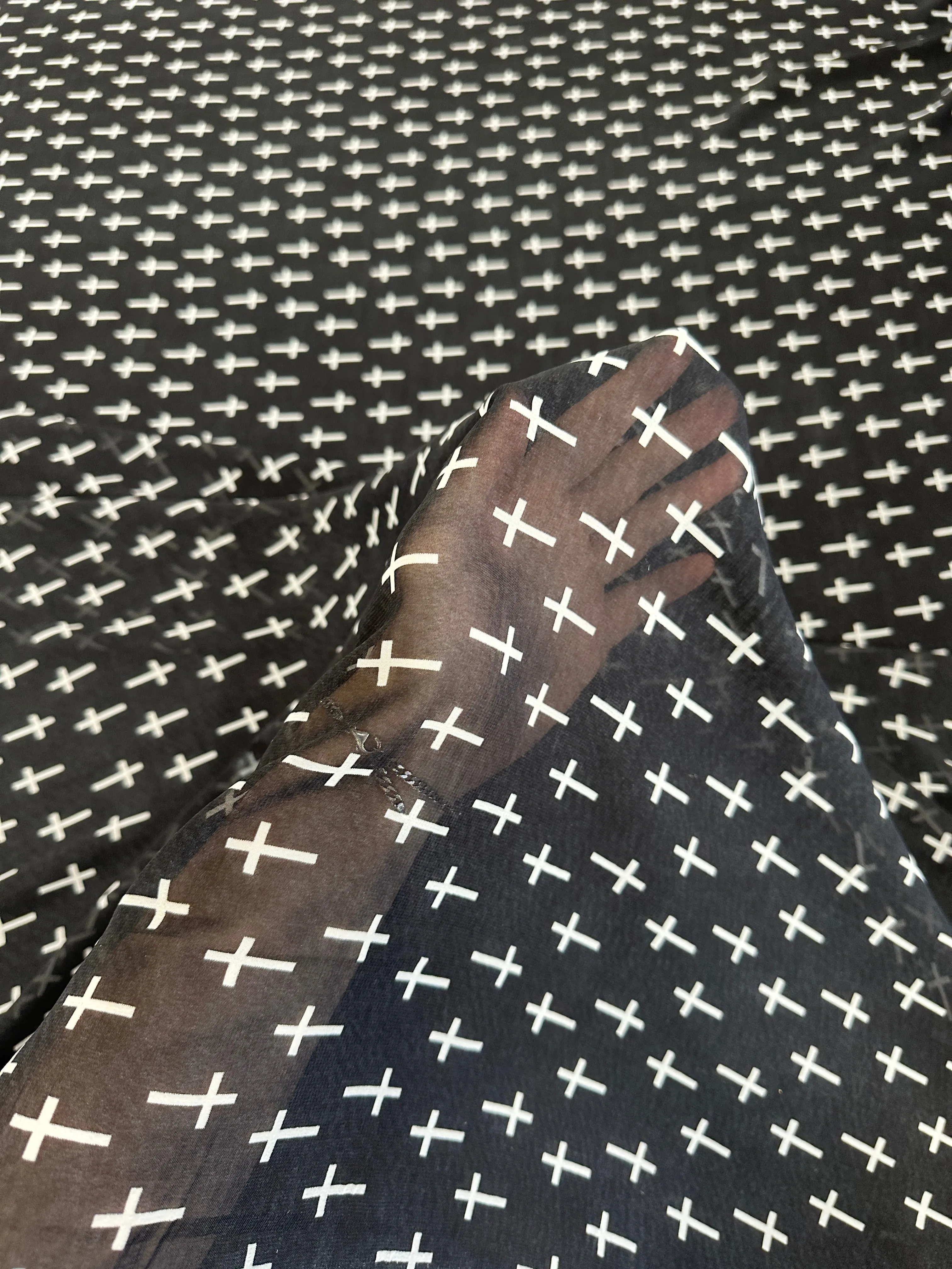 Black and White Cross Print Chiffon