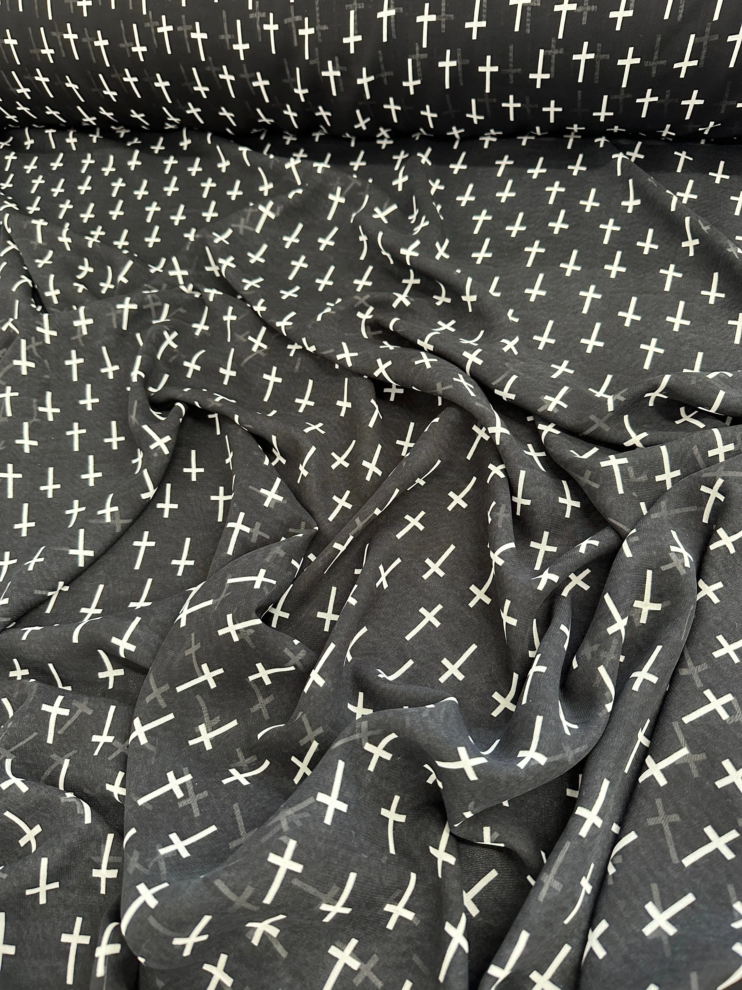 Black and White Cross Print Chiffon