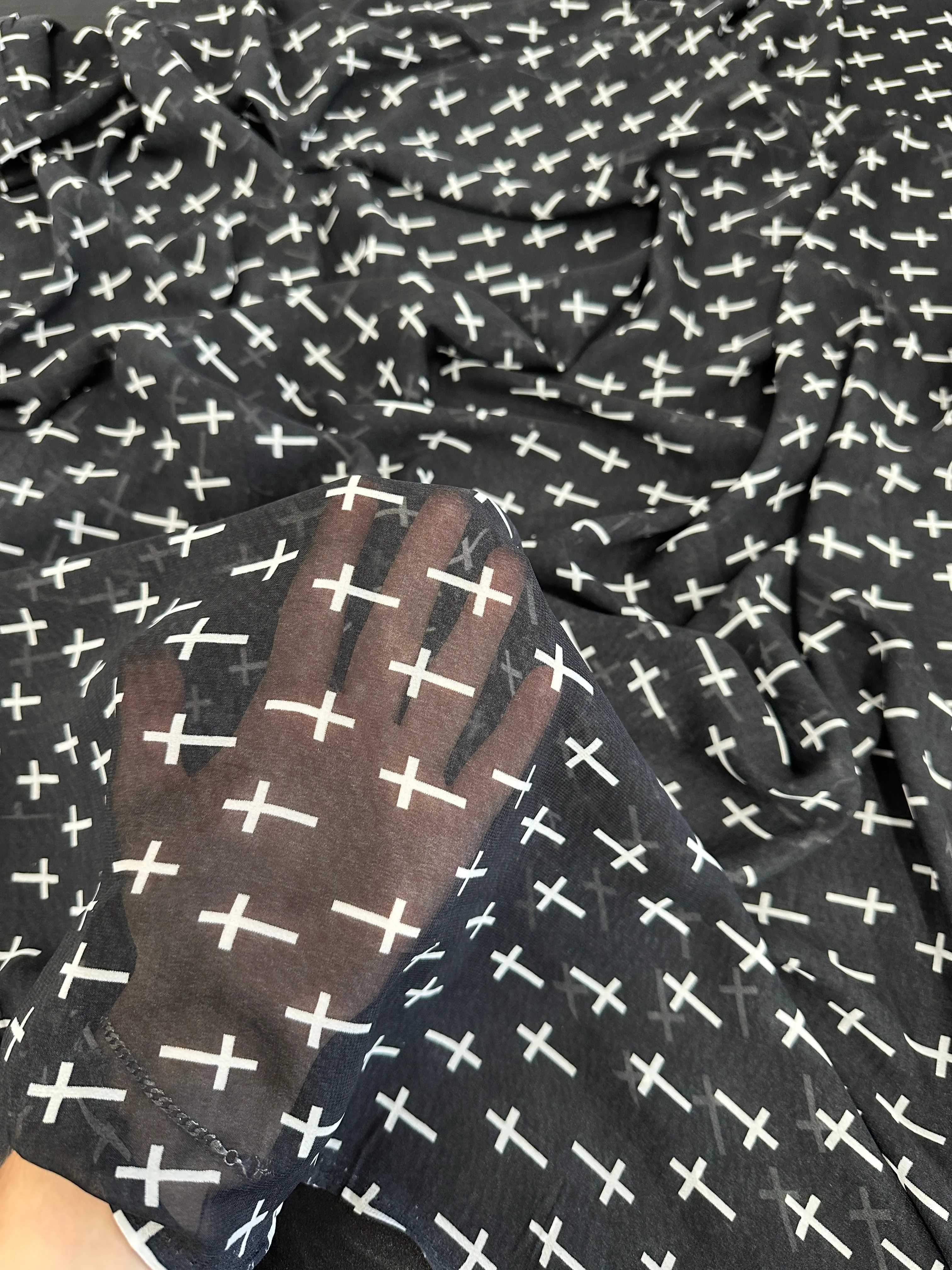 Black and White Cross Print Chiffon