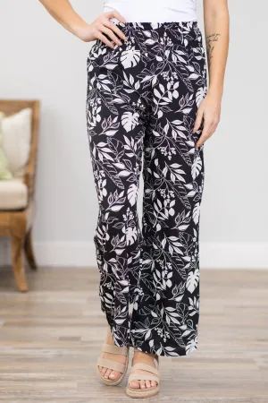 Black and White Leaf Print Wide Leg Pants