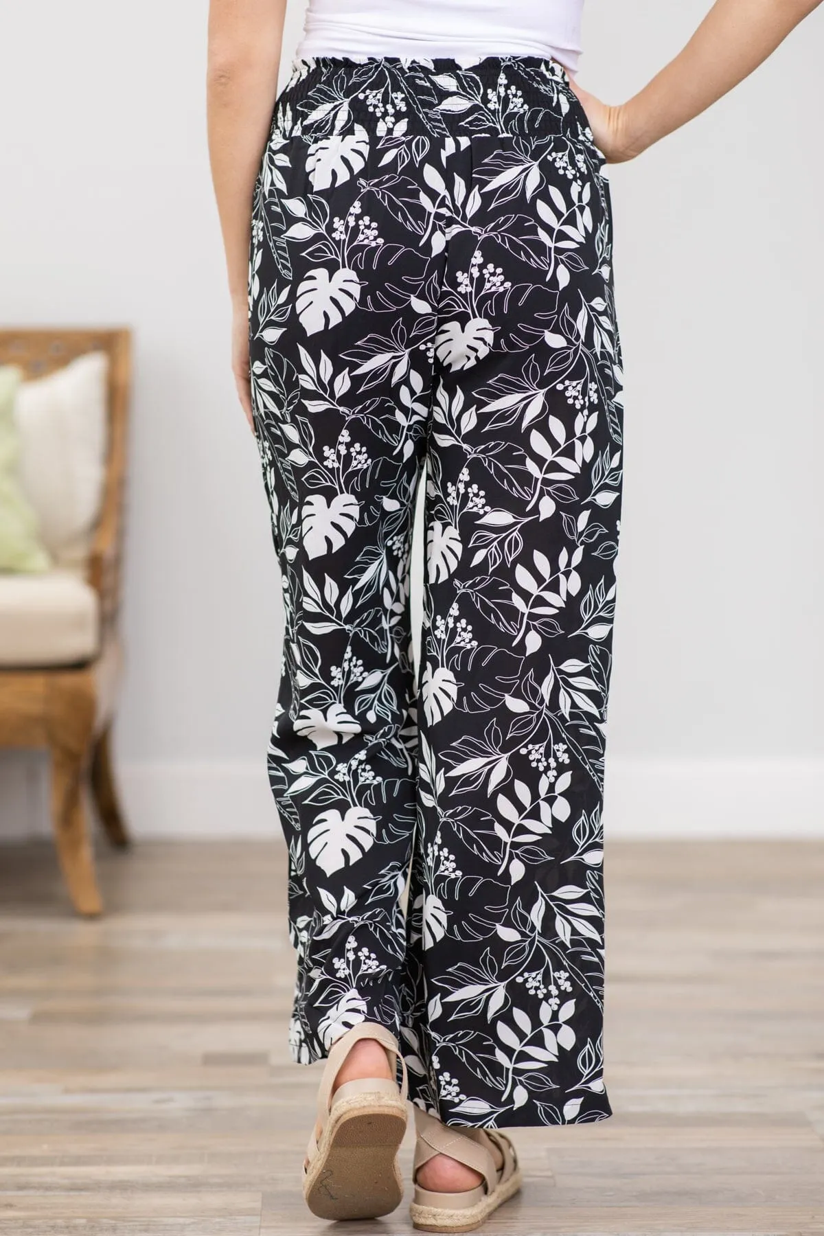 Black and White Leaf Print Wide Leg Pants