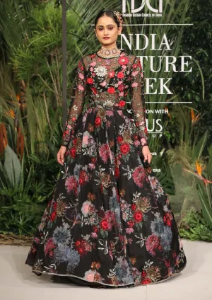 Black embroidered bodysuit with lehenga