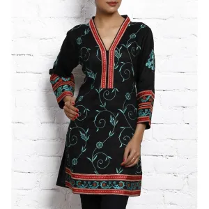 Black Embroidered Matka Silk Cotton Kurta