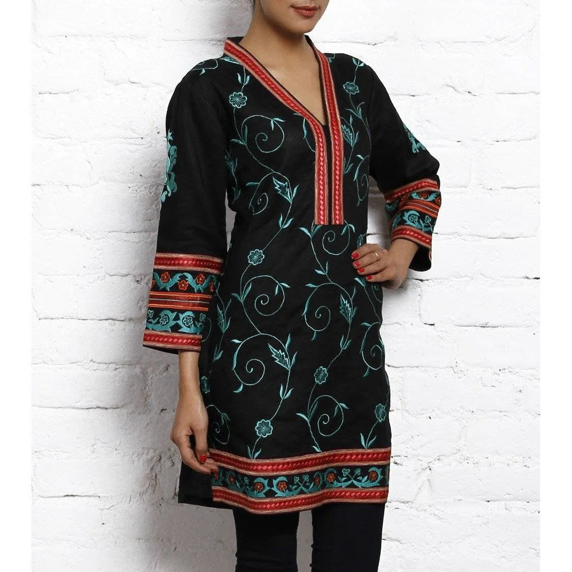 Black Embroidered Matka Silk Cotton Kurta