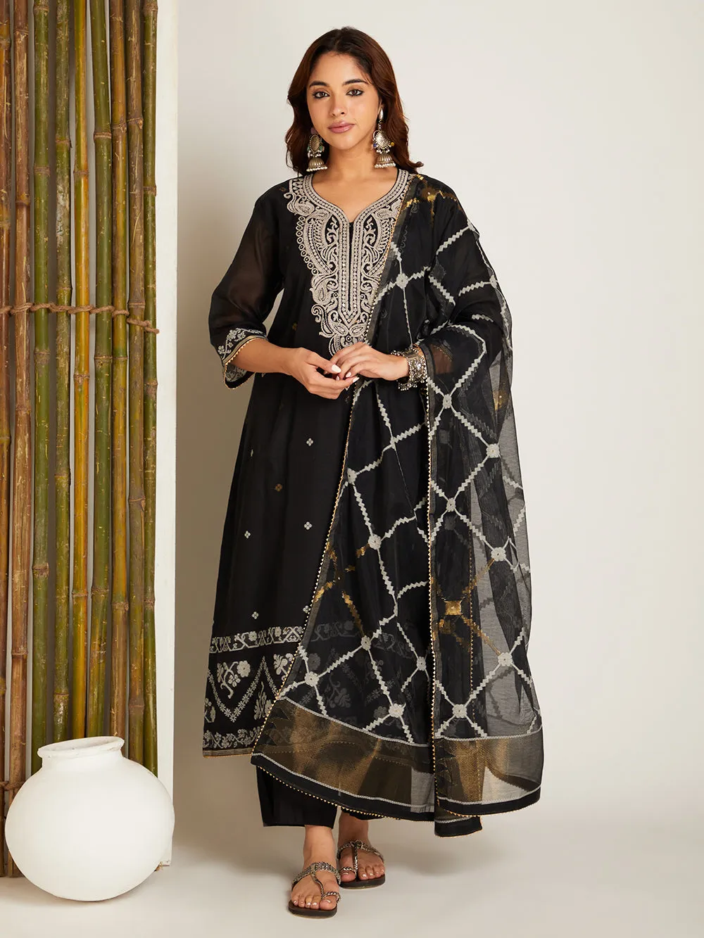 BLACK LONG JAMDANI KURTA SET