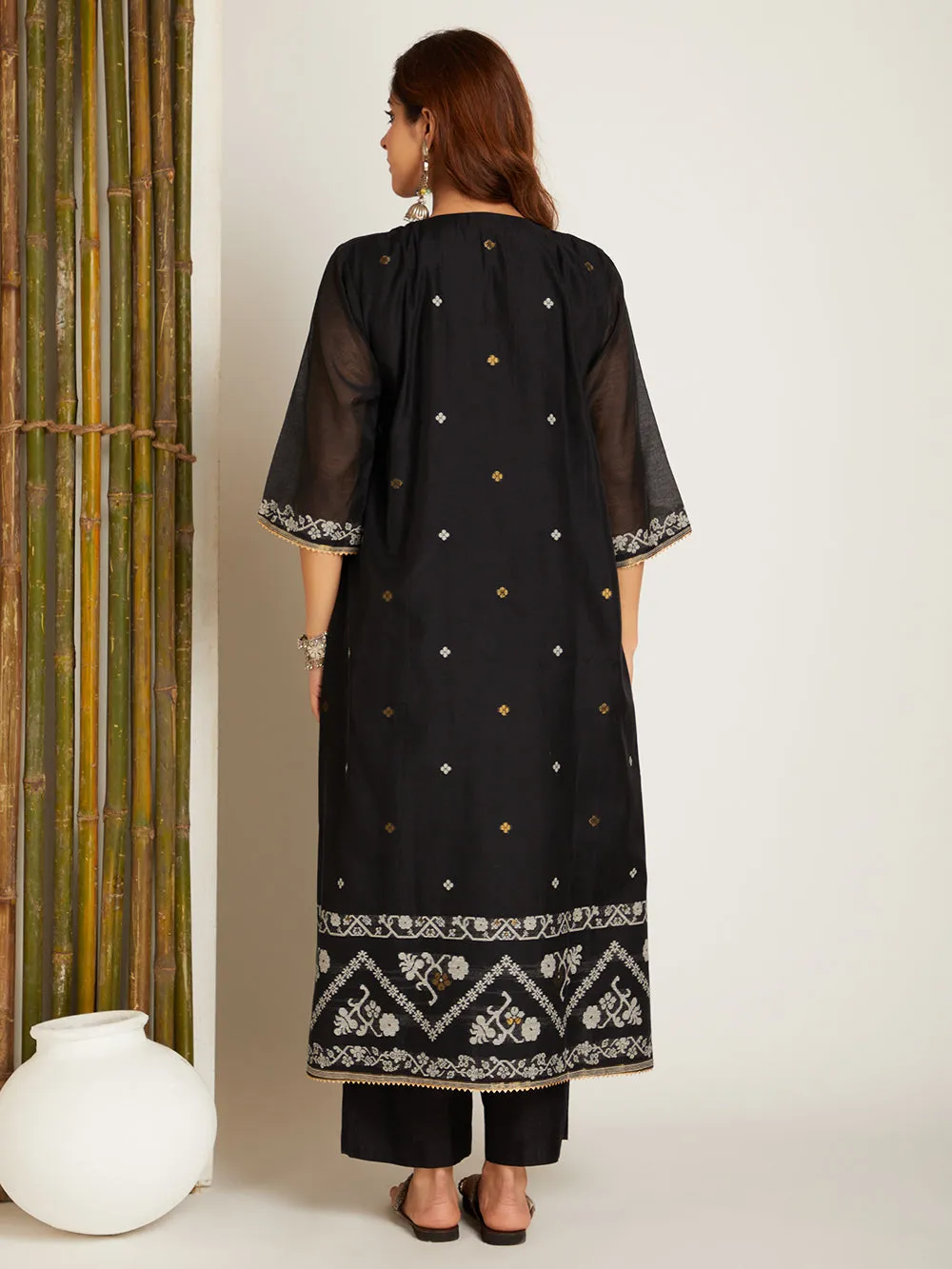 BLACK LONG JAMDANI KURTA SET