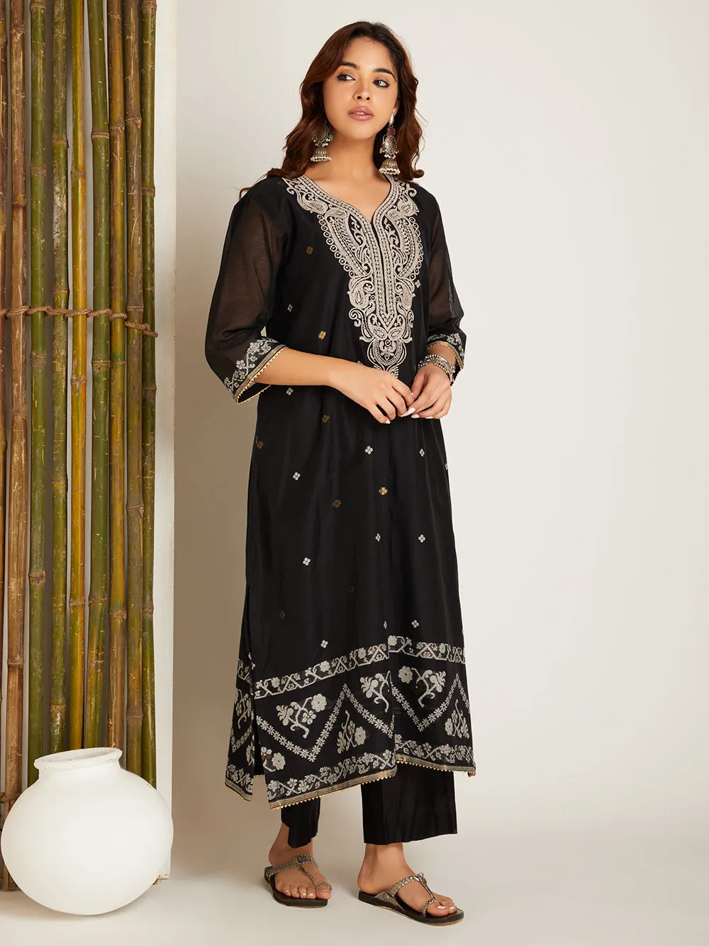 BLACK LONG JAMDANI KURTA SET