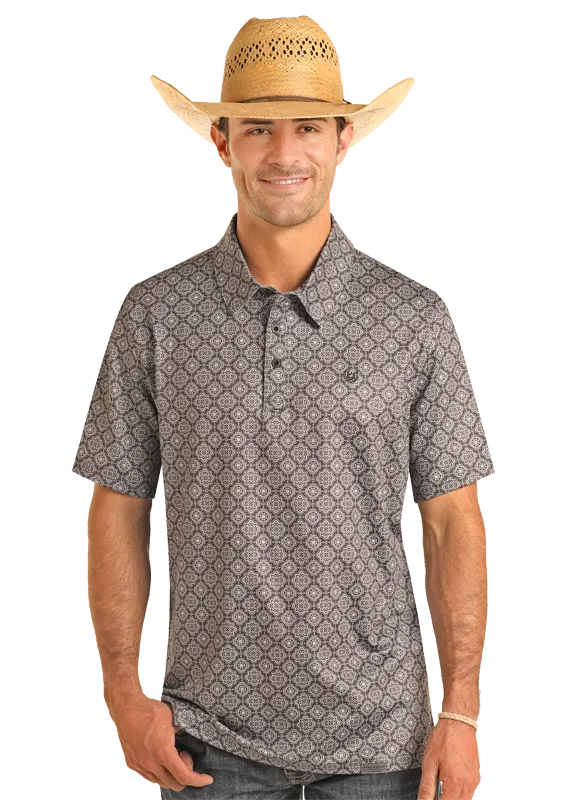Black Medallion Print Performance Polo