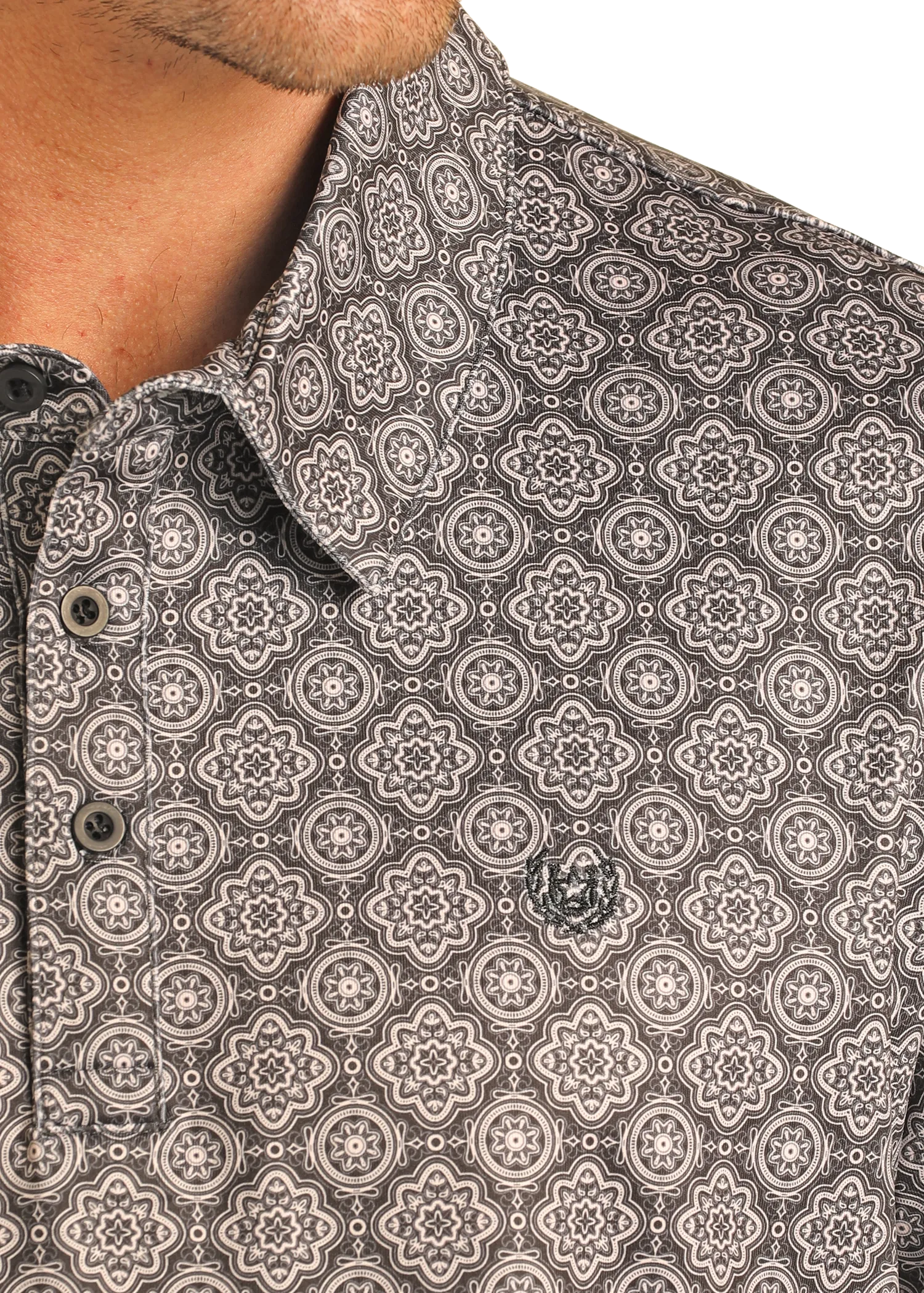 Black Medallion Print Performance Polo