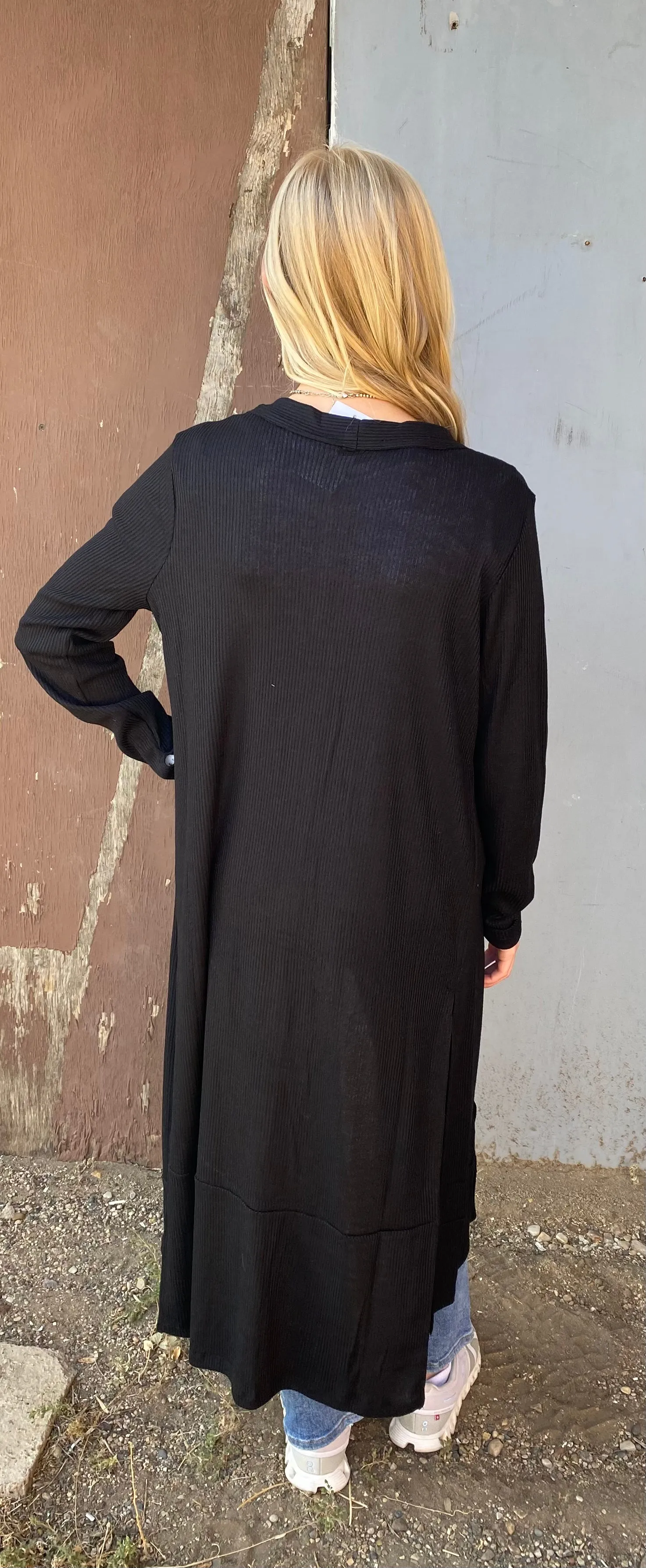Black Ribbed Long Cardigan