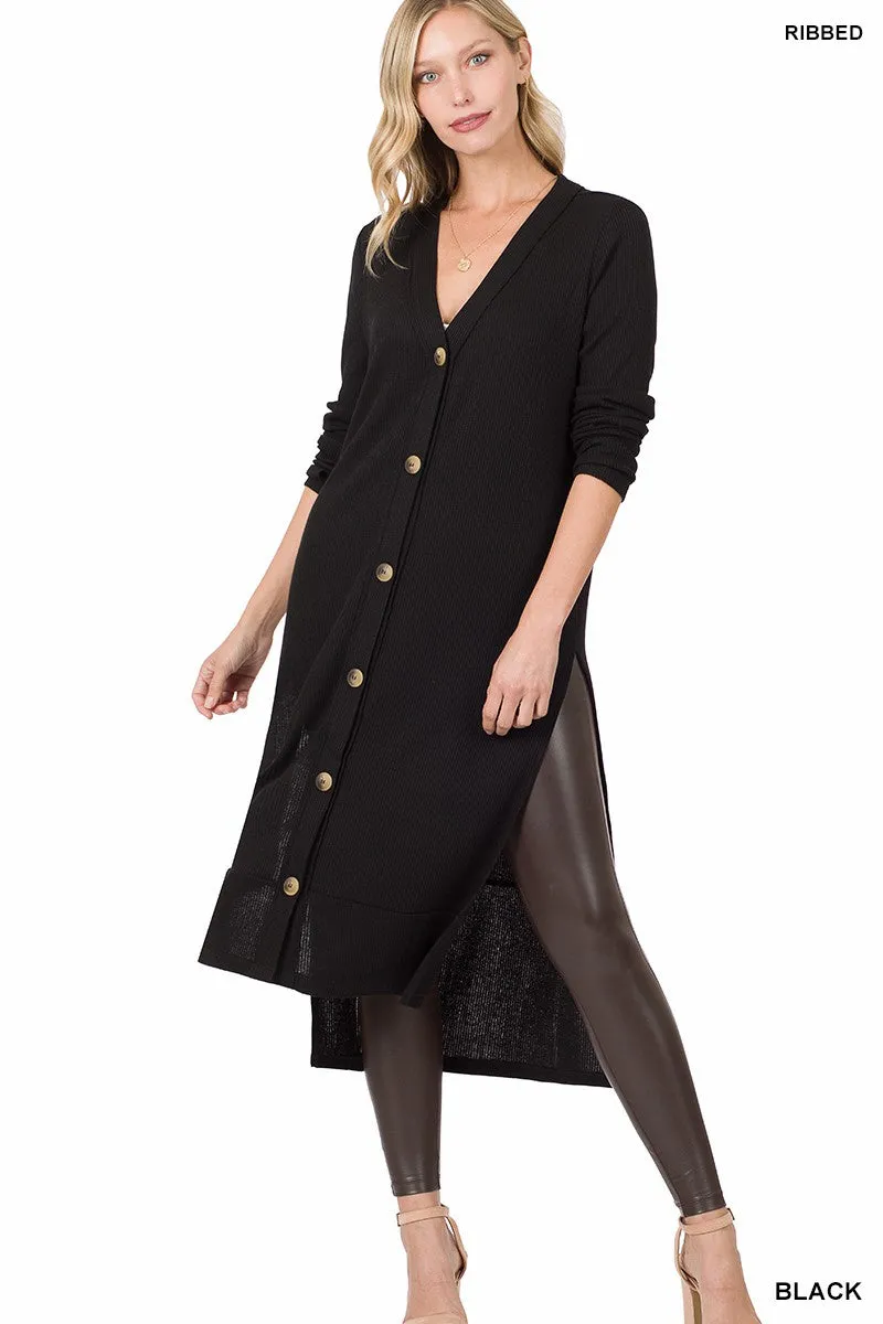 Black Ribbed Long Cardigan
