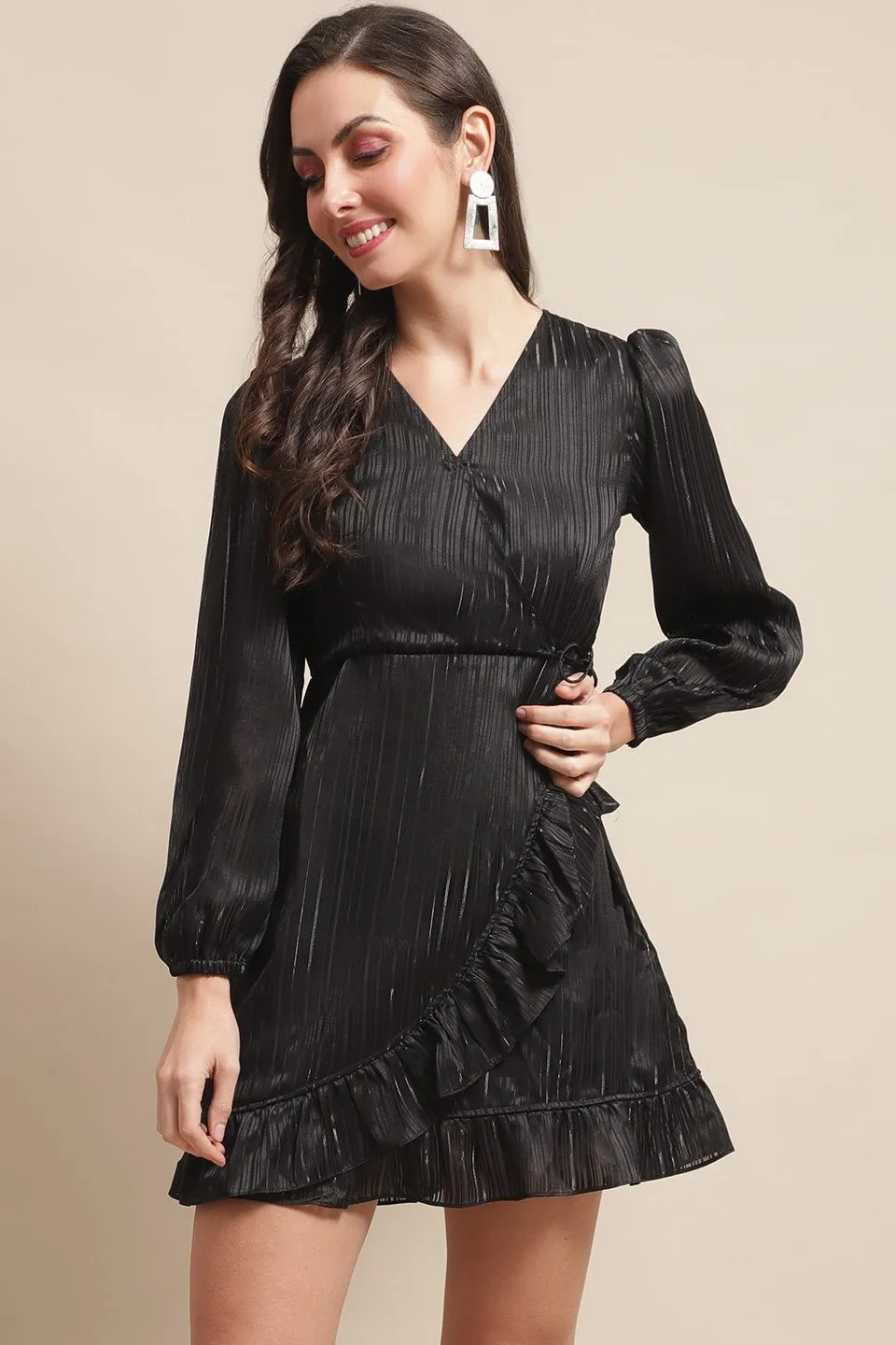 Black Self Design Solid Printed Georgette Dress For Women