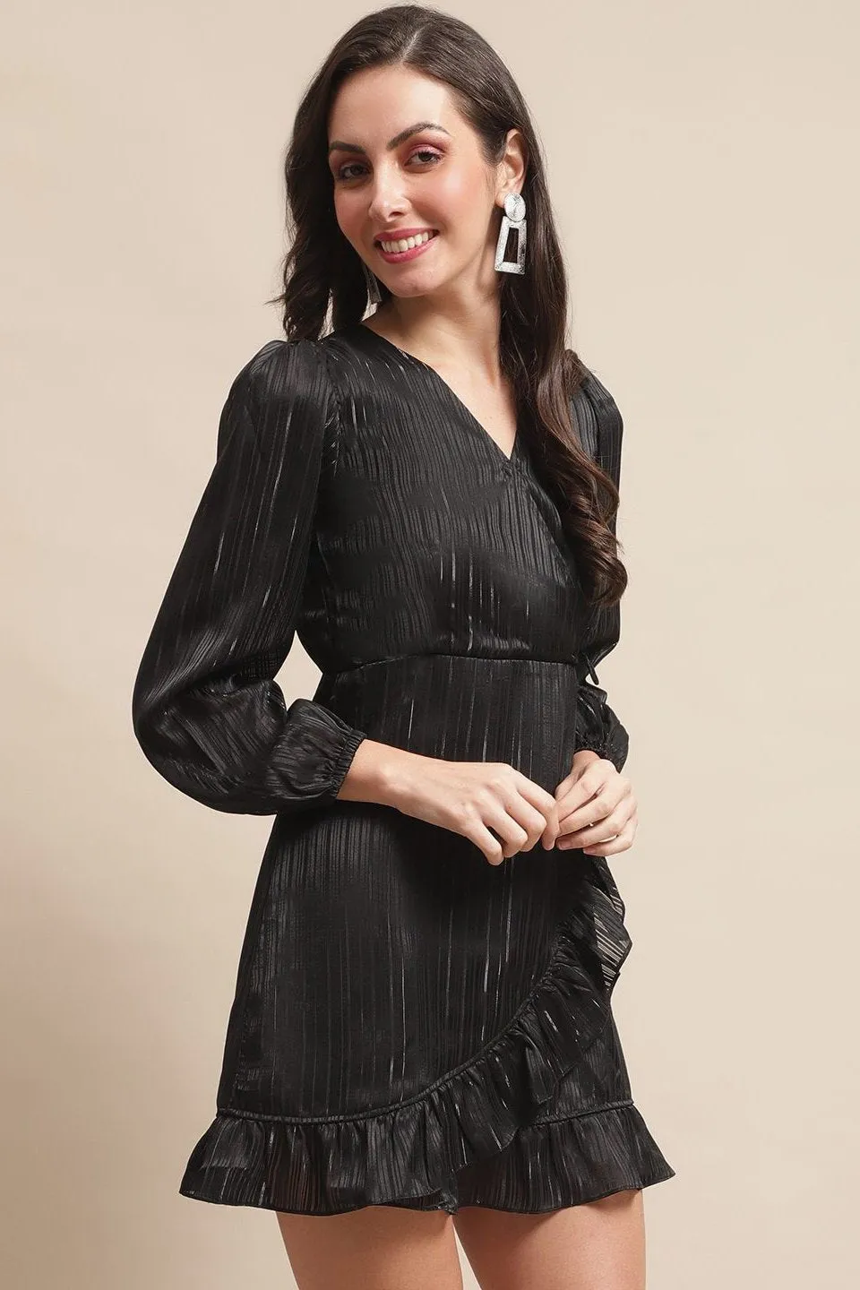 Black Self Design Solid Printed Georgette Dress For Women