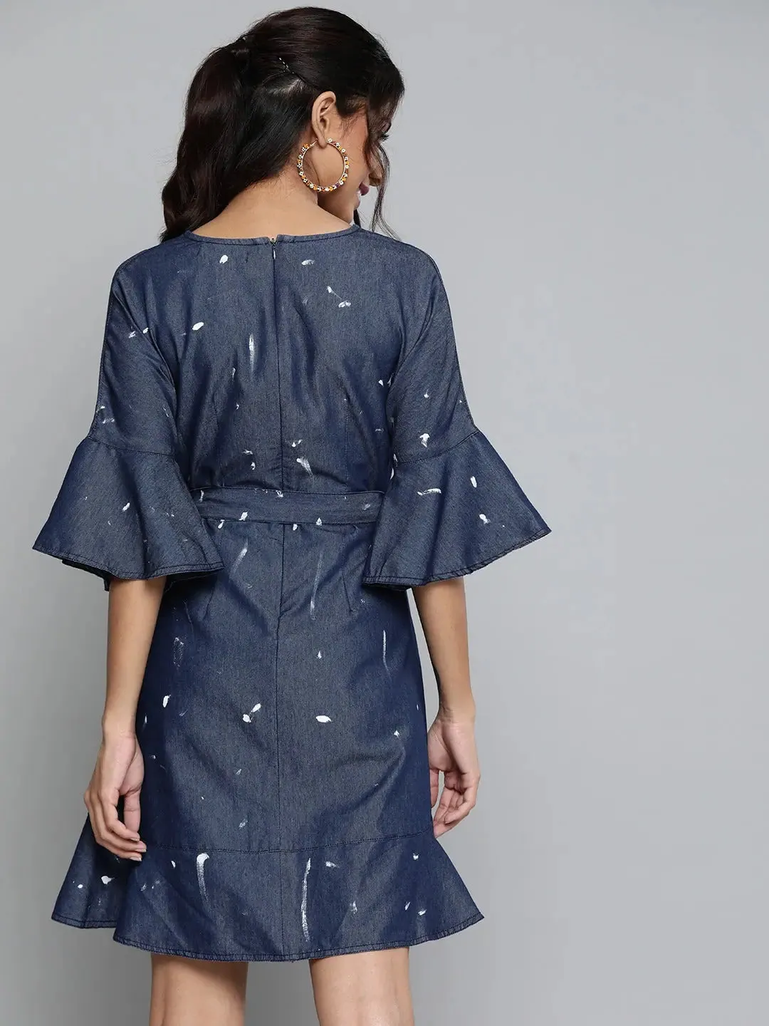 Blue Denim White Paint Wrap Skater Dress