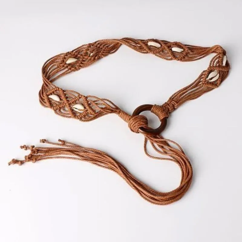 Boho Braided Wide Belt w/ Tassel Detail Brown Waist Chain