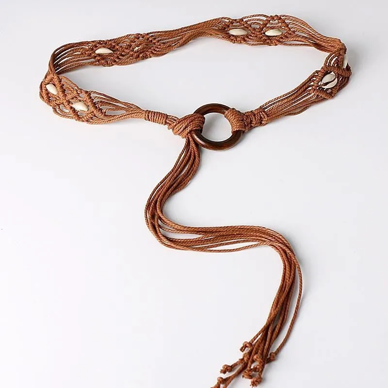 Boho Braided Wide Belt w/ Tassel Detail Brown Waist Chain