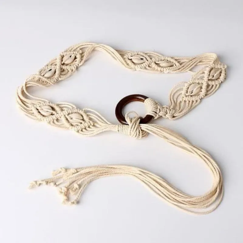Boho Braided Wide Belt w/ Tassel Detail Brown Waist Chain