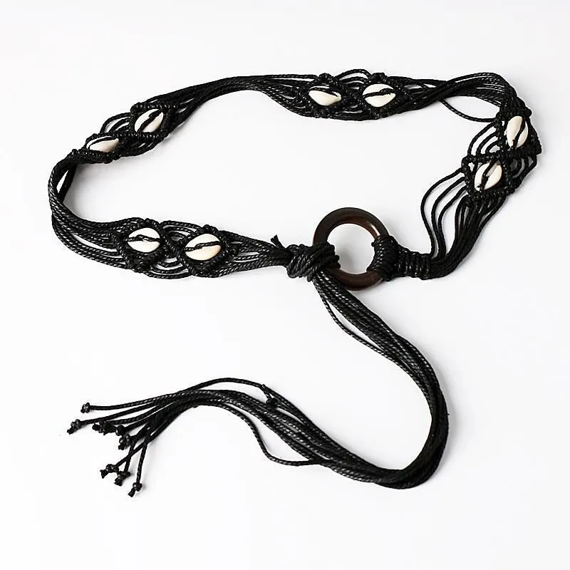 Boho Braided Wide Belt w/ Tassel Detail Brown Waist Chain