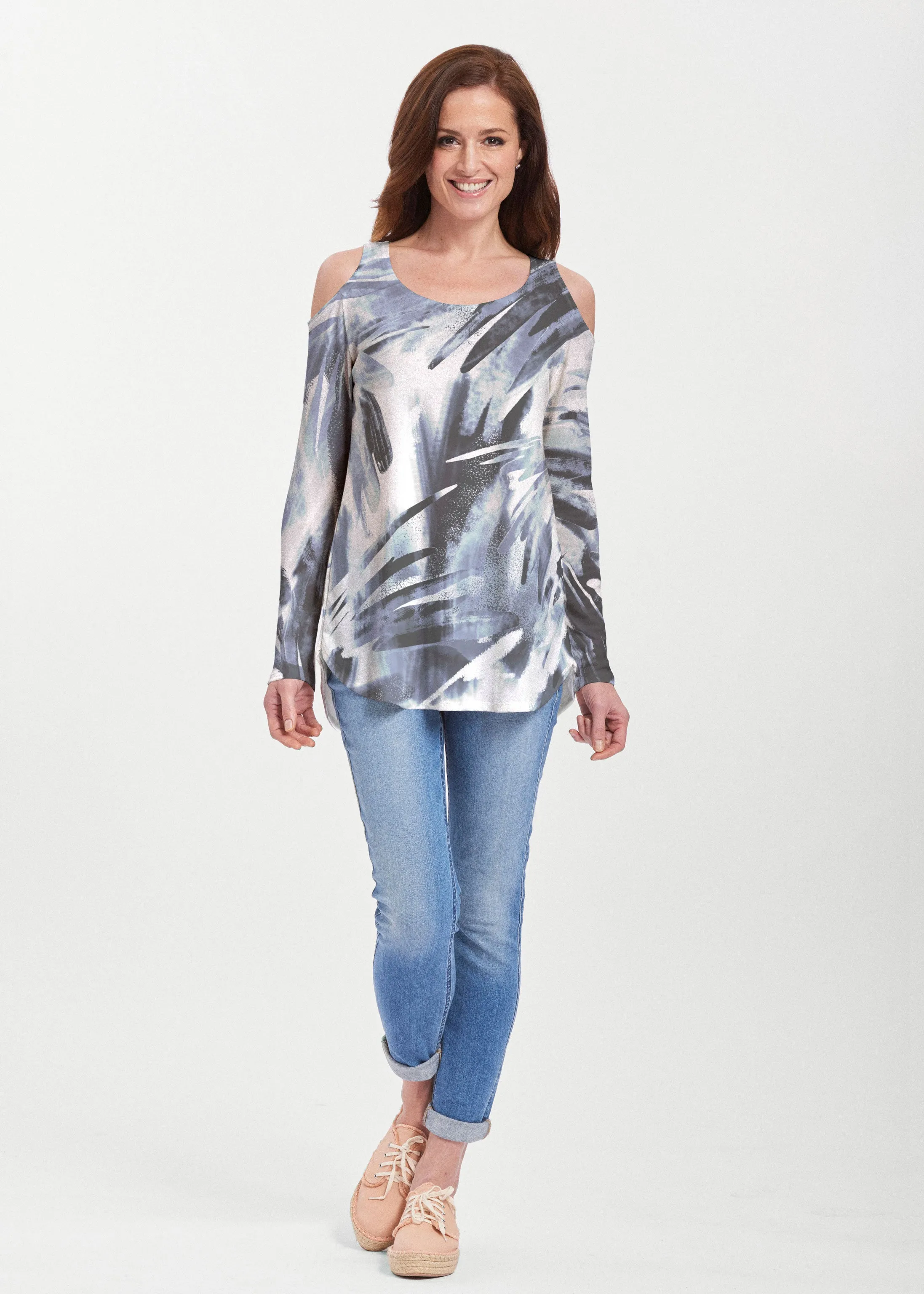 Brush Strokes Black (17167) ~ Butterknit Cold Shoulder Tunic