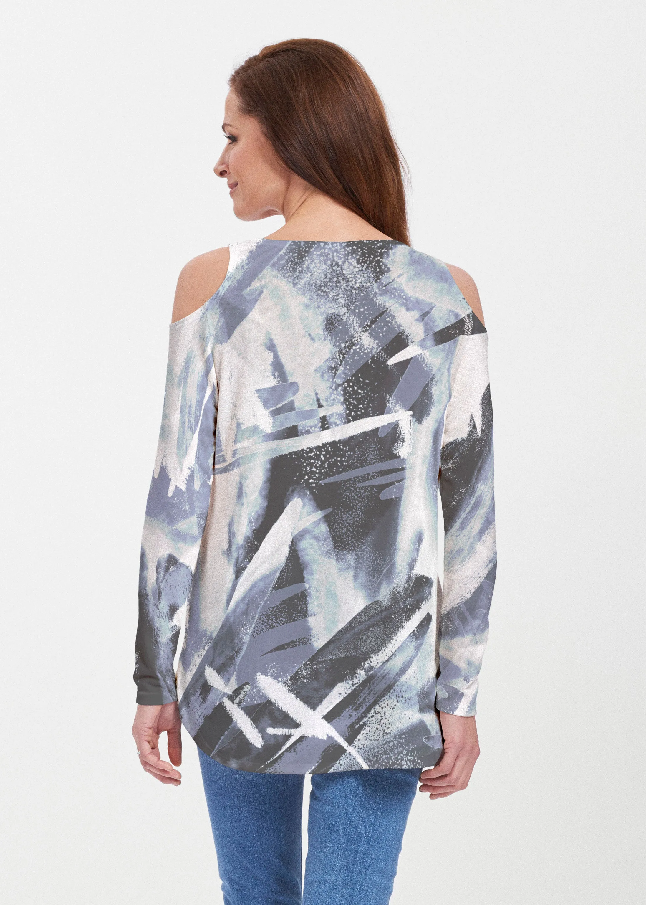 Brush Strokes Black (17167) ~ Butterknit Cold Shoulder Tunic