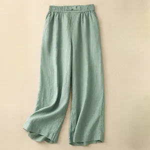 Buddha Stones Versatile Solid Color Elastic Waistband Frog-Button Cotton Linen Women's Wide Leg Pants With Pockets