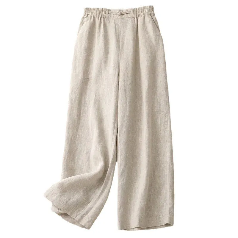 Buddha Stones Versatile Solid Color Elastic Waistband Frog-Button Cotton Linen Women's Wide Leg Pants With Pockets