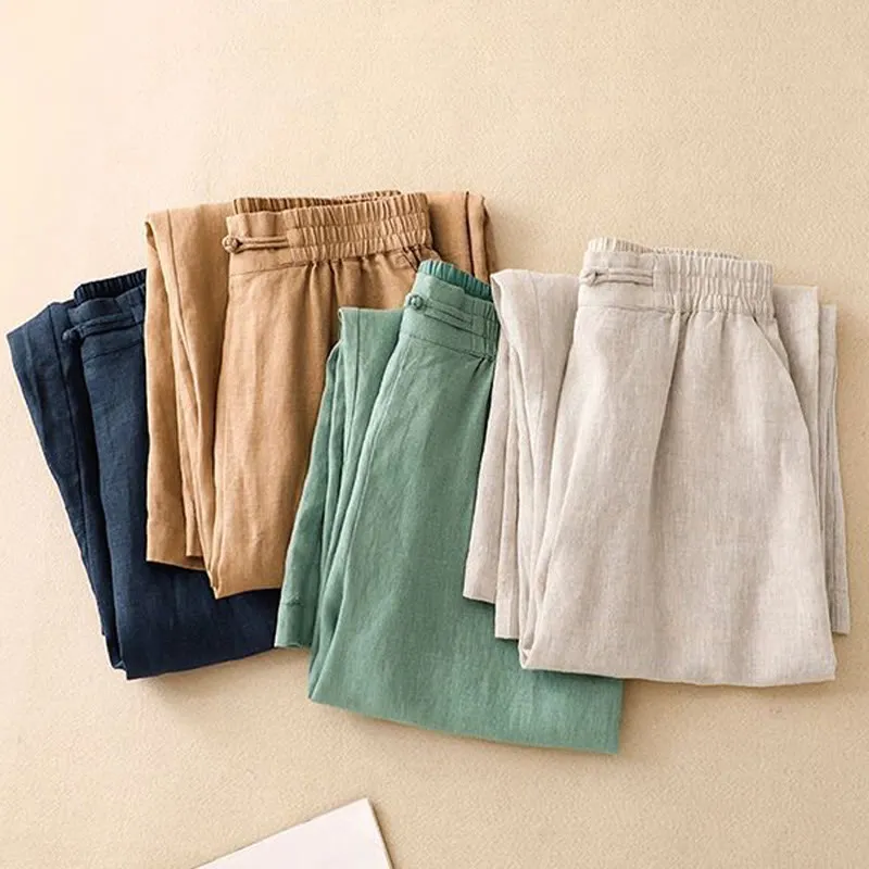 Buddha Stones Versatile Solid Color Elastic Waistband Frog-Button Cotton Linen Women's Wide Leg Pants With Pockets