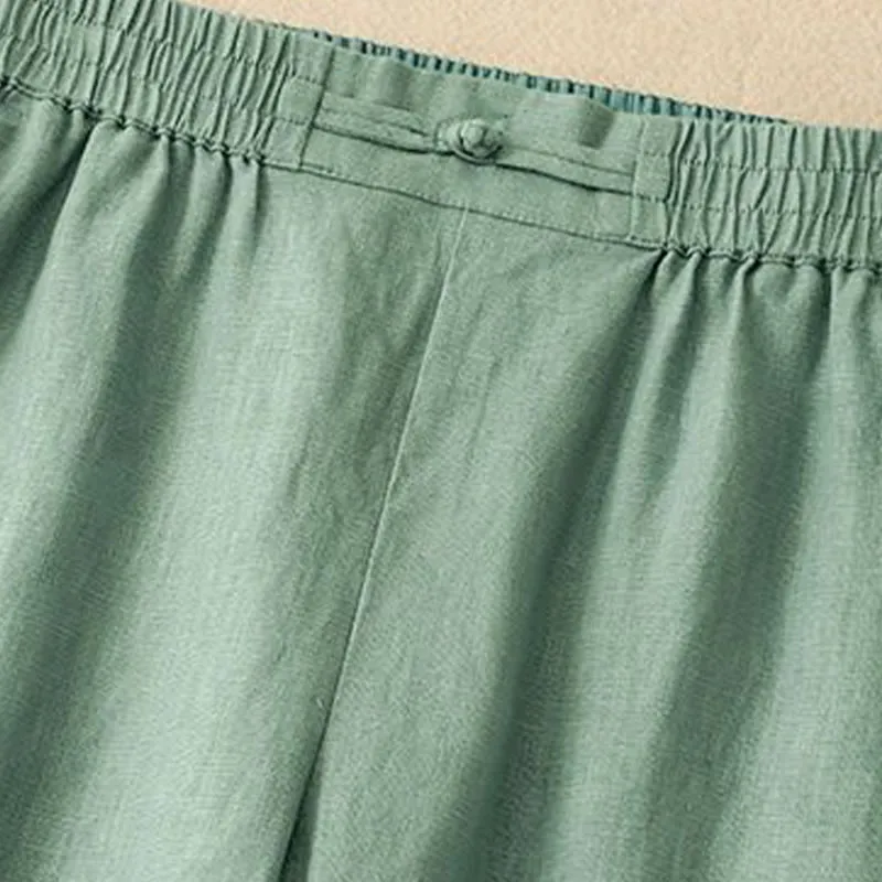 Buddha Stones Versatile Solid Color Elastic Waistband Frog-Button Cotton Linen Women's Wide Leg Pants With Pockets