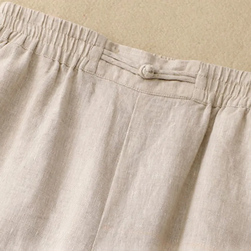 Buddha Stones Versatile Solid Color Elastic Waistband Frog-Button Cotton Linen Women's Wide Leg Pants With Pockets