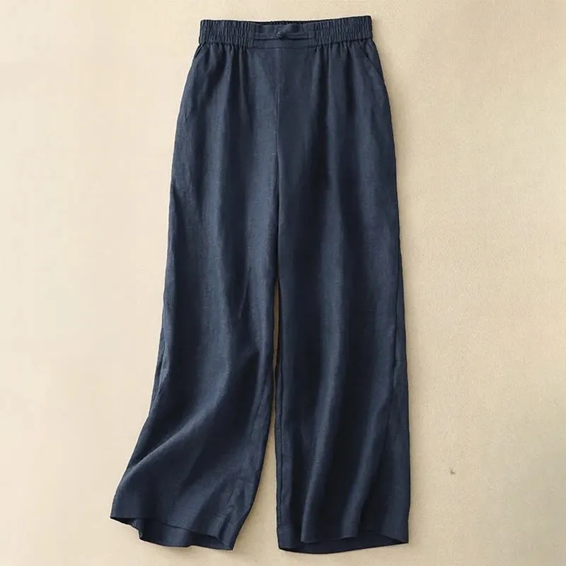 Buddha Stones Versatile Solid Color Elastic Waistband Frog-Button Cotton Linen Women's Wide Leg Pants With Pockets