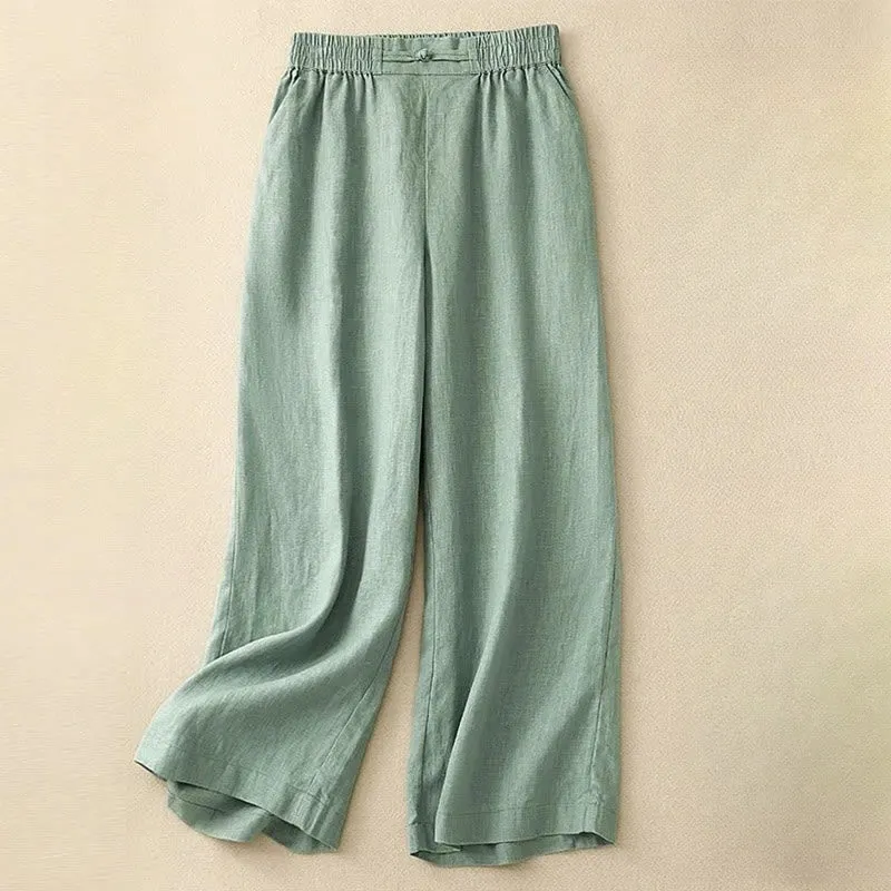 Buddha Stones Versatile Solid Color Elastic Waistband Frog-Button Cotton Linen Women's Wide Leg Pants With Pockets