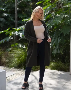 Bulky Knit Long Line Cardigan - Khaki