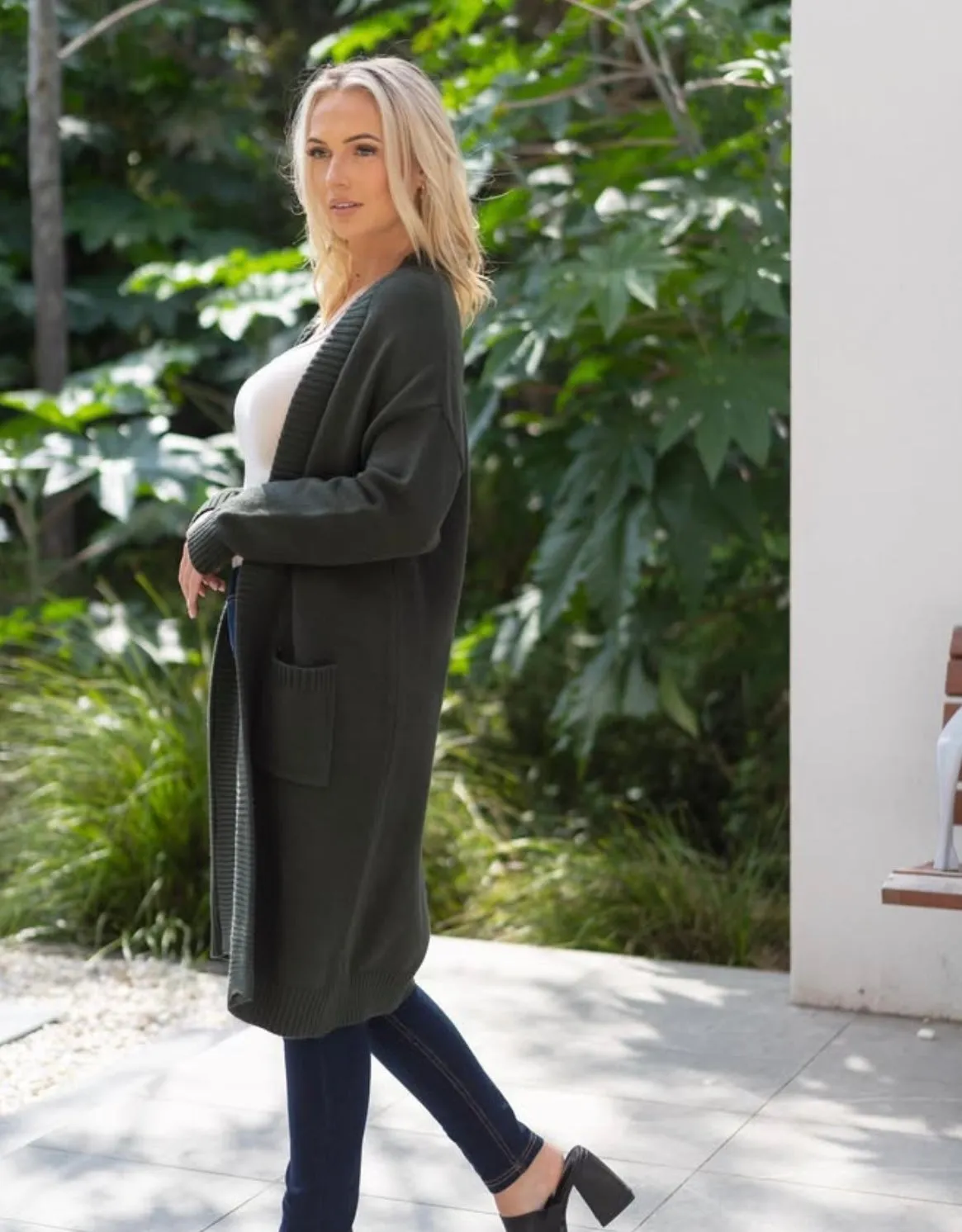 Bulky Knit Long Line Cardigan - Khaki