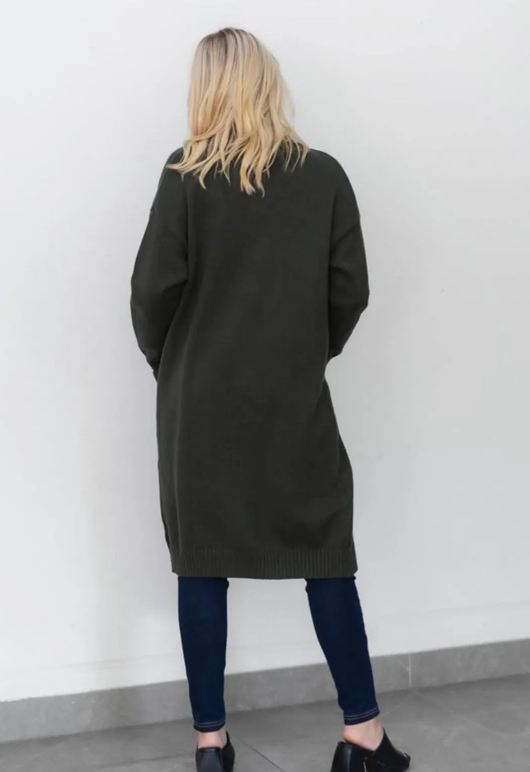 Bulky Knit Long Line Cardigan - Khaki