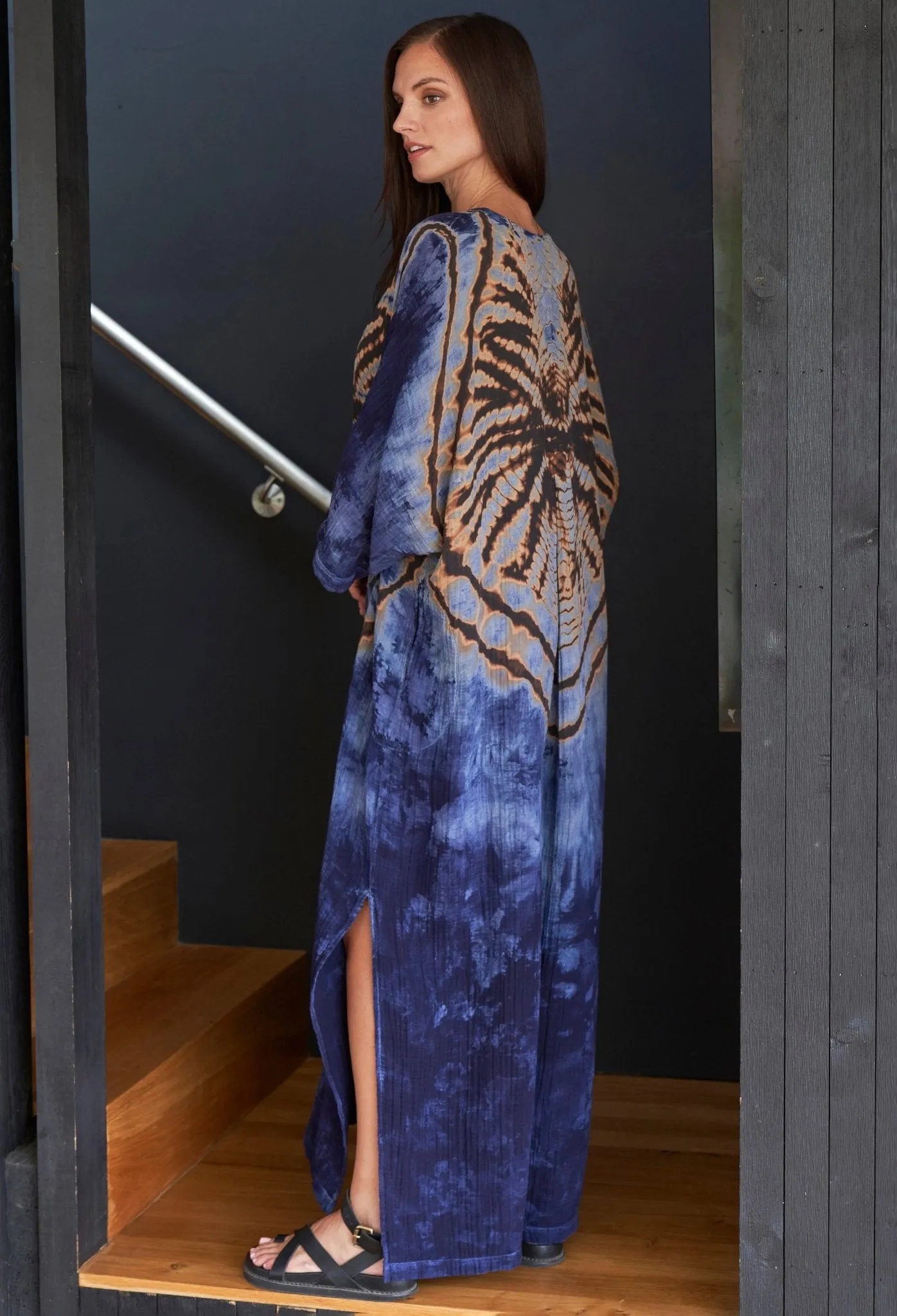 Butterfly Print Cotton Gauze Arc Seam Caftan
