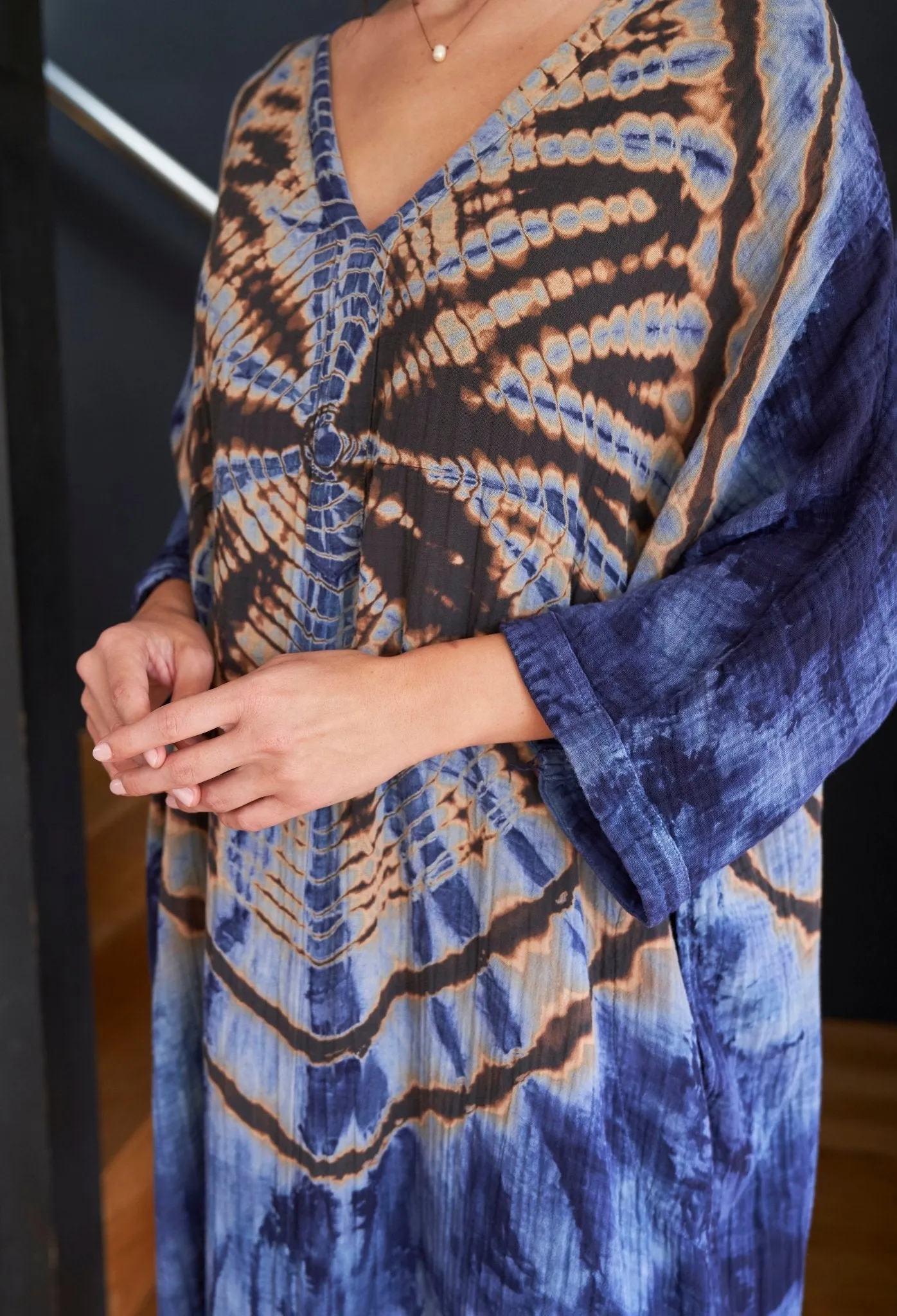 Butterfly Print Cotton Gauze Arc Seam Caftan