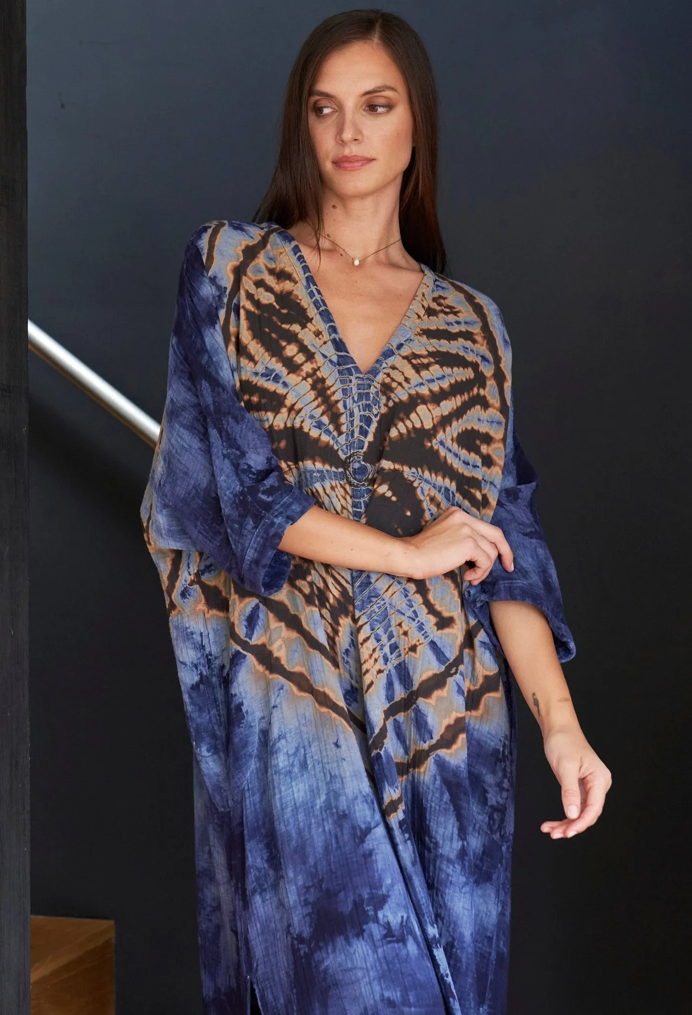 Butterfly Print Cotton Gauze Arc Seam Caftan