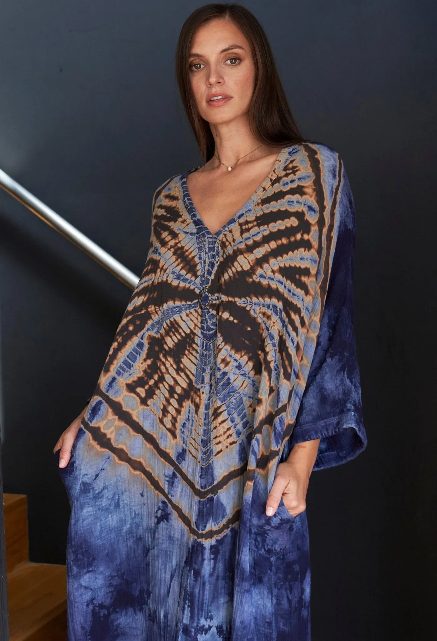Butterfly Print Cotton Gauze Arc Seam Caftan