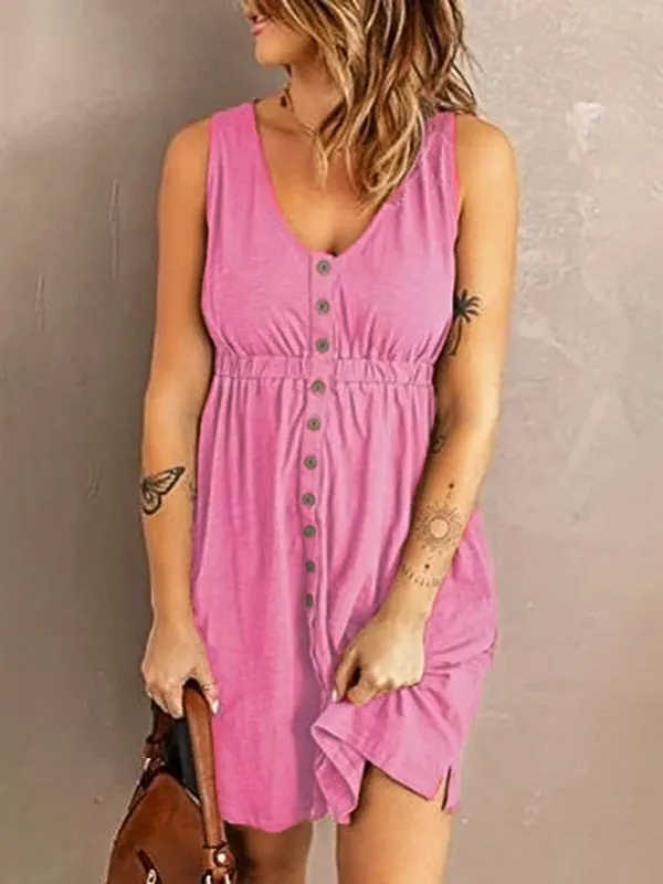 Button-Front Sleeveless A-Line Dress with Elastic Waist and Pockets