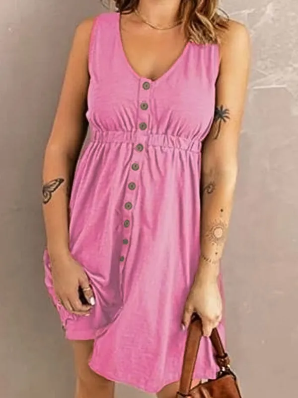 Button-Front Sleeveless A-Line Dress with Elastic Waist and Pockets