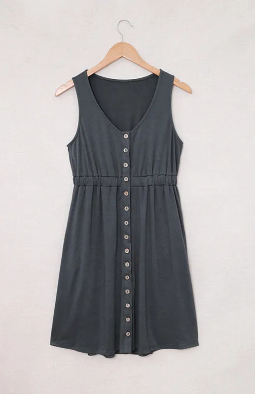 Button-Front Sleeveless A-Line Dress with Elastic Waist and Pockets