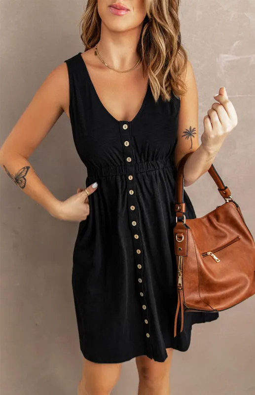 Button-Front Sleeveless A-Line Dress with Elastic Waist and Pockets
