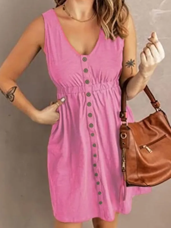 Button-Front Sleeveless A-Line Dress with Elastic Waist and Pockets