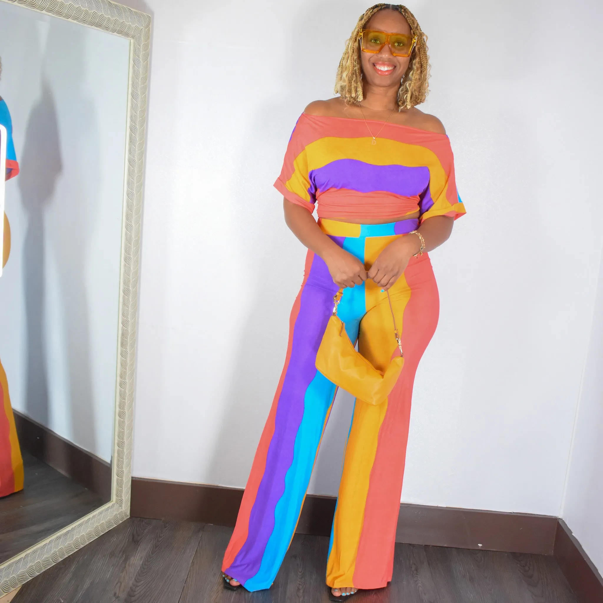 Candy | Multi Color Stripe Crop Top And Pant Set