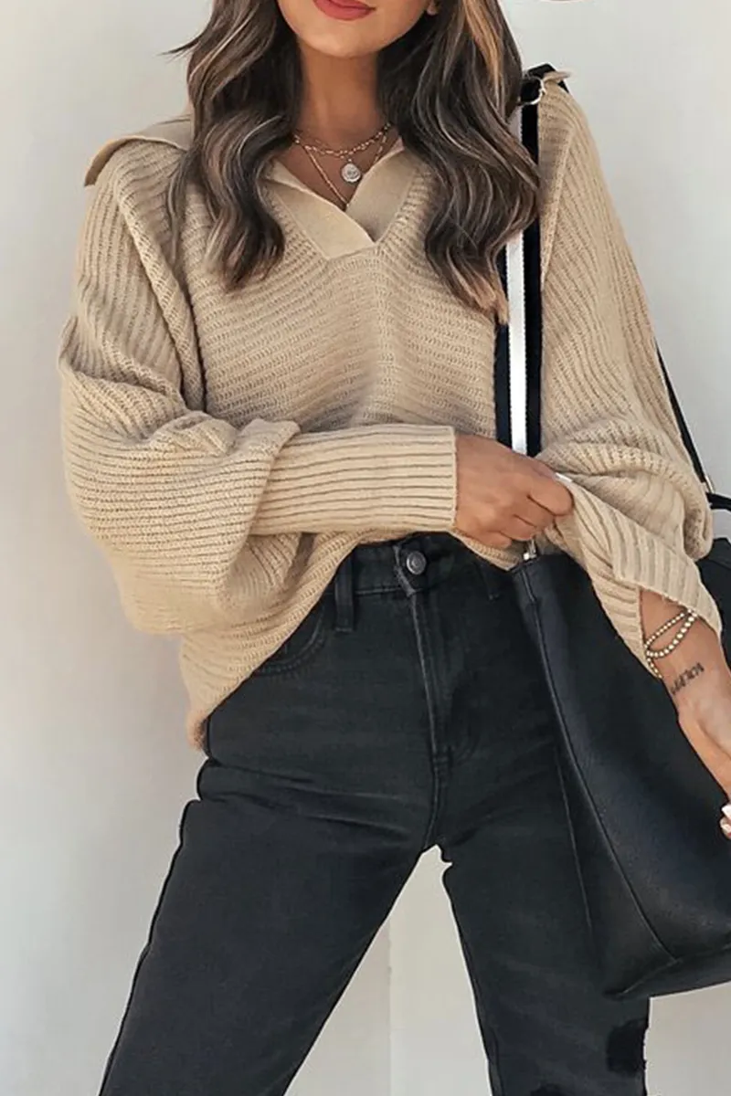 Casual Solid Patchwork Turndown Collar Sweater(7 Colors)