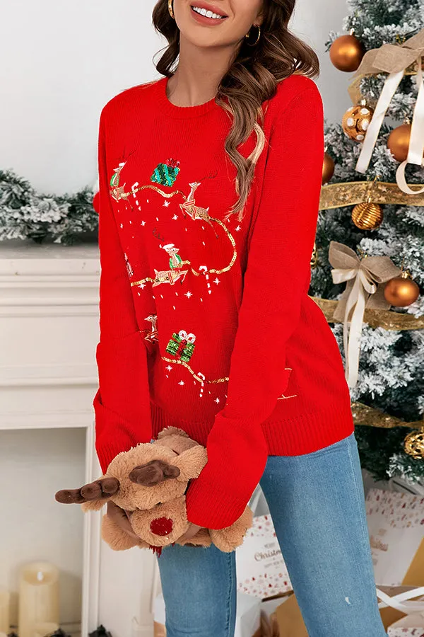 Christmas Print Crew Neck Long Sleeve Sweater