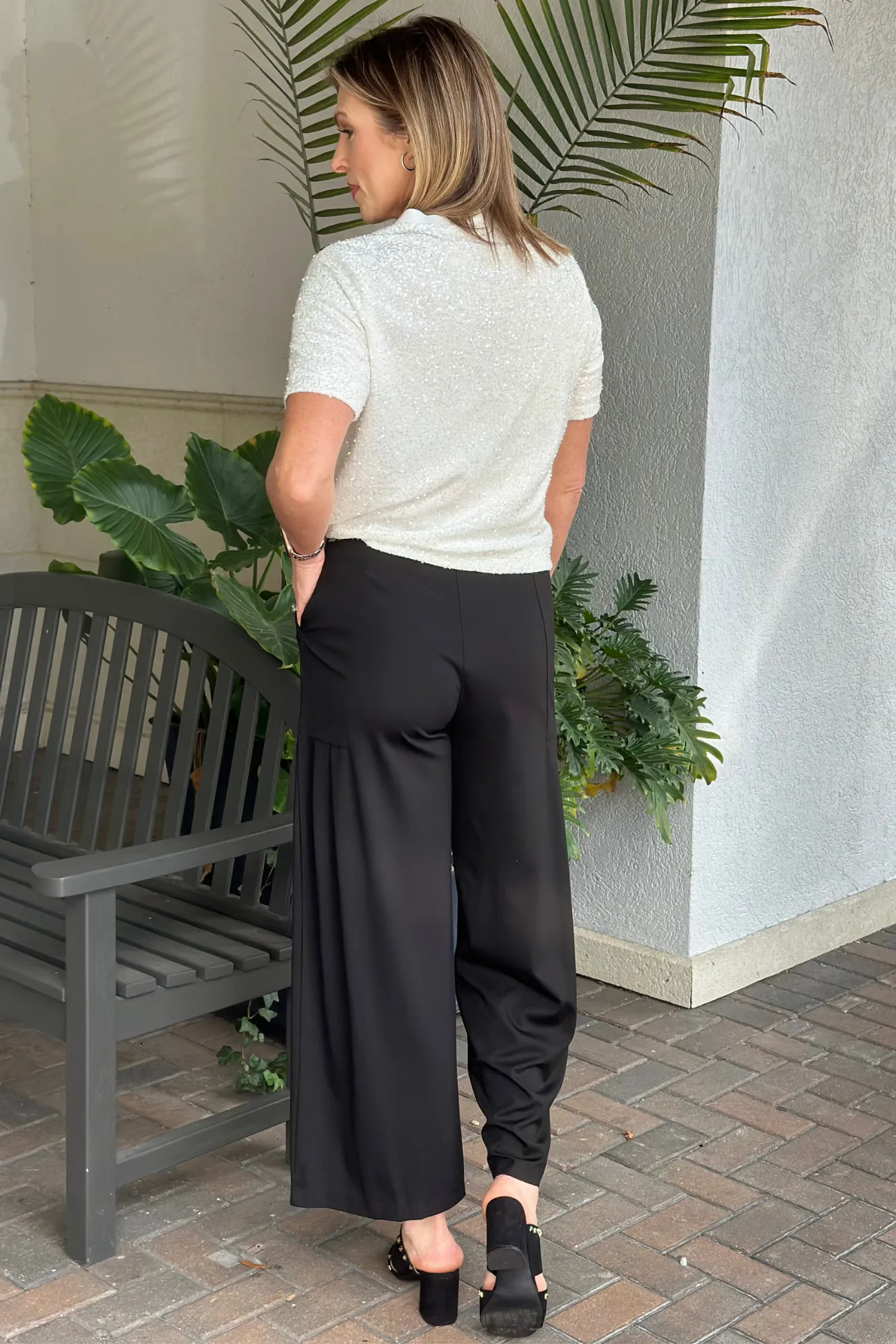Clara Sunwoo Black Ponte Knit Pleated Wide Leg Pocket Pant