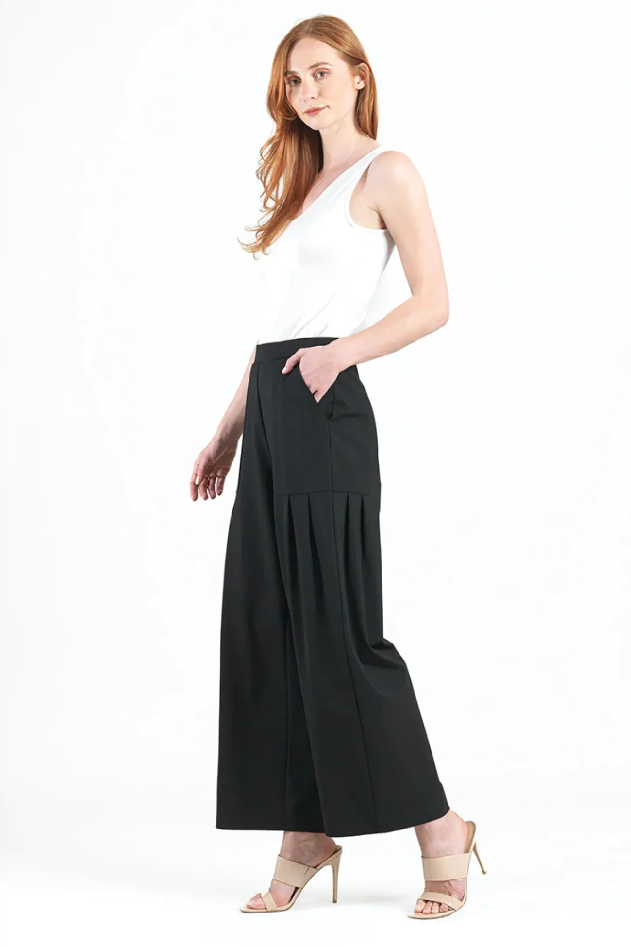 Clara Sunwoo Black Ponte Knit Pleated Wide Leg Pocket Pant